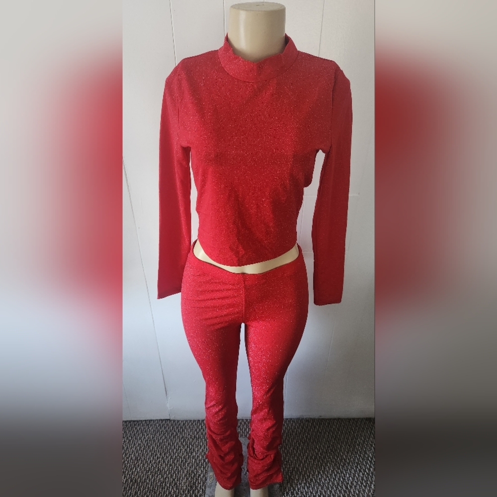 Red Glitter Women's Stacked Flare Pants Set